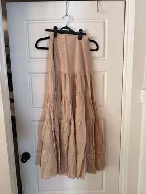 Mable Linen Blend Tiered Maxi Skirt in Tan